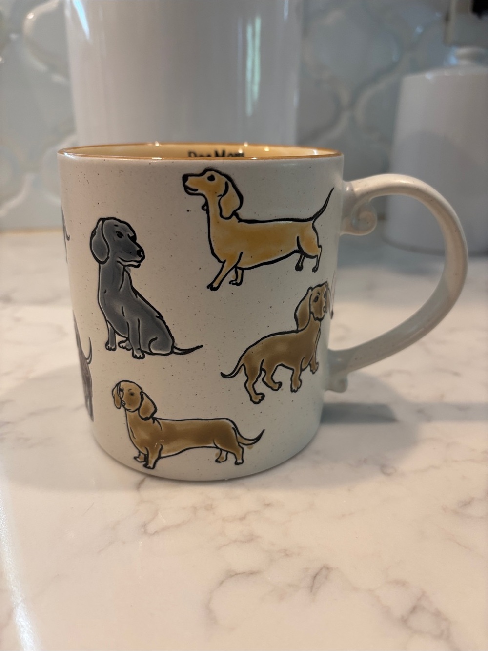 Cream Ceramic Mug with Tan & Gray Dachshund Design